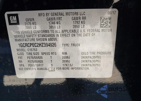 2017 Chevrolet Silverado 1500 Custom from USA, damaged, VIN 1GCRCPEC2HZ394926